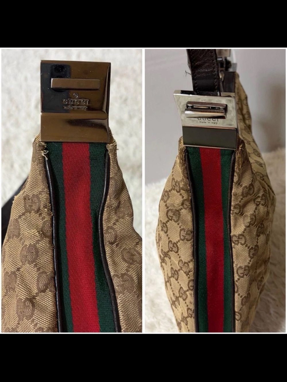 Gucci Beige GG Canvas Hobo Bag with Green-Red Trim - Picture 10 of 11